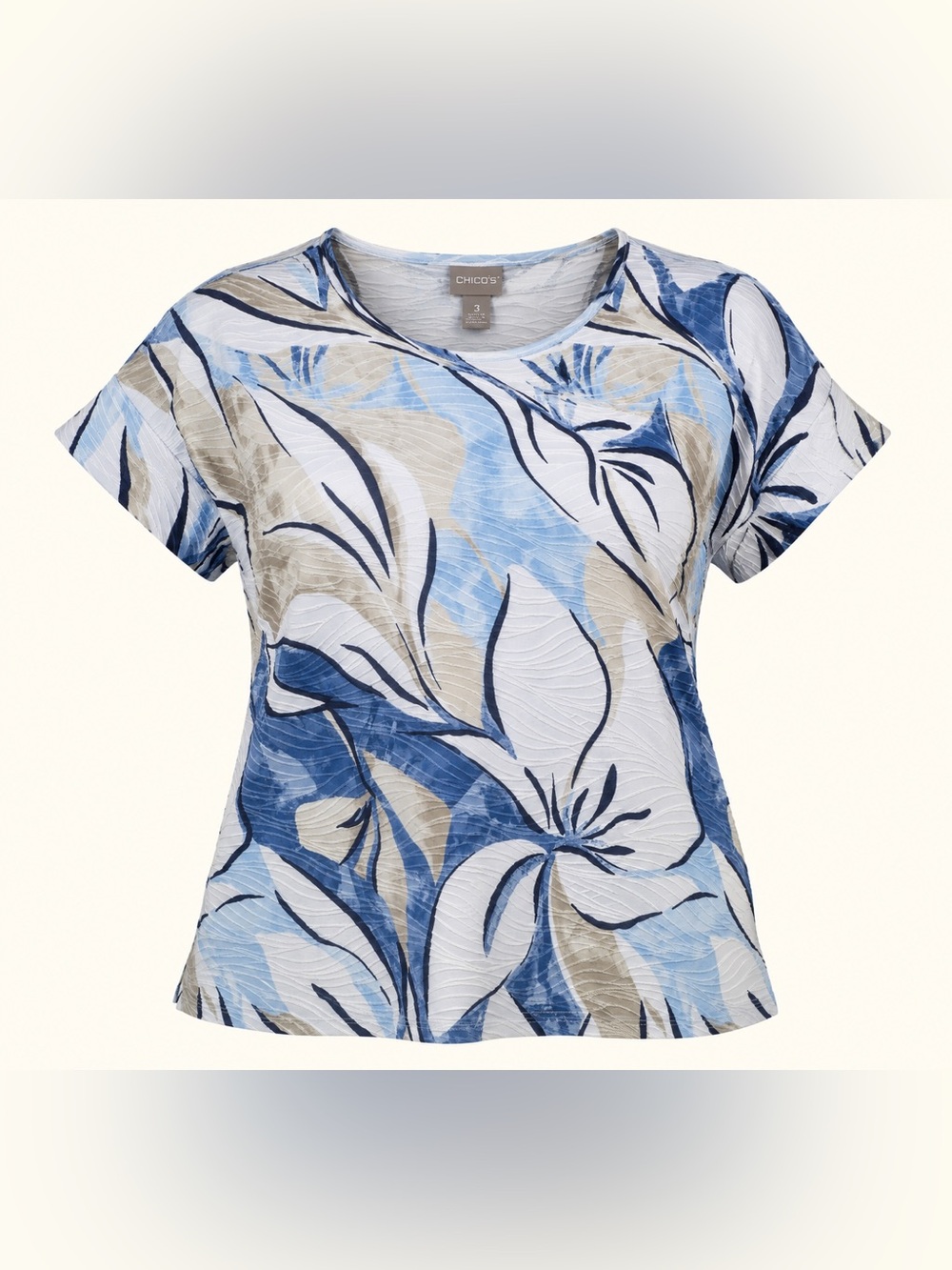 Chico’s Floral Textured Short Sleeve Top Plus Size Size 3 Blue Beige White